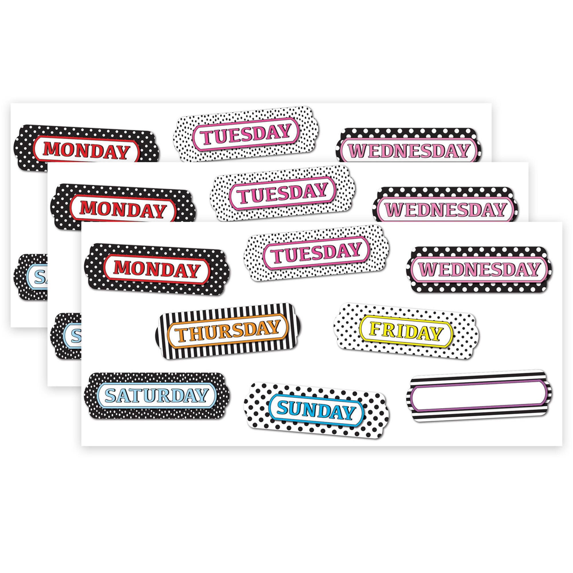 Ashley Productions Days of the Week Black & White Patterns Magnetic Die-Cut Timesavers & Labels, 3 Packs of 8